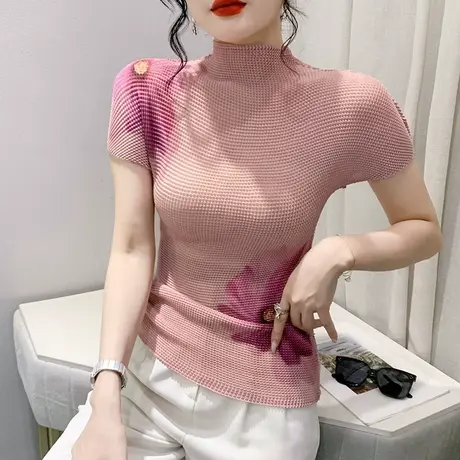 气质漂亮印花T恤女短袖2024夏装新款半高领修身上衣时尚网纱小衫商品大图