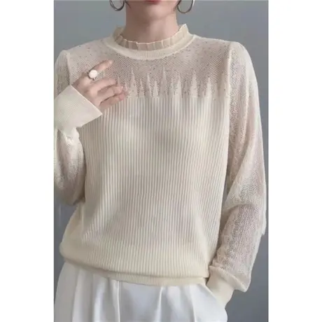 春季新款2023年圆领蕾丝针织打底衫女士洋气薄款宽松网纱内搭百搭商品大图