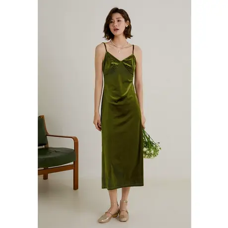弥古绿色丝绒连衣裙修身秋冬内搭吊带裙女黑色年会礼服法式高级感图片