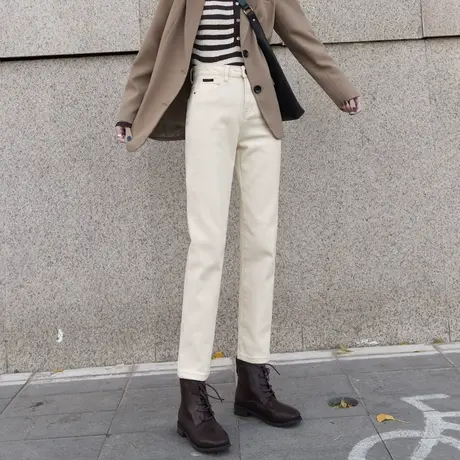 米色牛仔裤女直筒宽松显瘦秋冬新款加绒加厚高腰小个子九分烟管裤商品大图