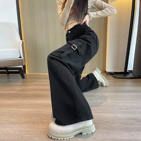 黑色工装牛仔裤女2023秋季新款窄版宽松直筒裤高腰休闲阔腿拖地裤商品大图