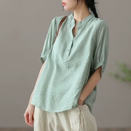 dza 文艺复古薄款棉麻上衣女士短袖衬衣夏季气质漂亮白色亚麻衬衫图片