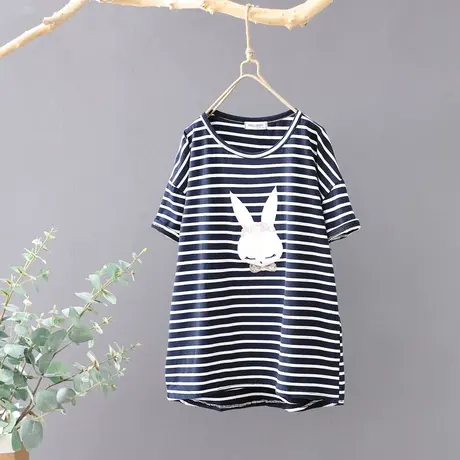 2023夏季新款文艺条纹圆领t恤女短袖宽松休闲纯棉刺绣打底衫上衣图片