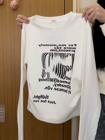 红续创意字母白色收腰长袖T恤女小众设计感百搭内搭上衣秋冬新款商品大图