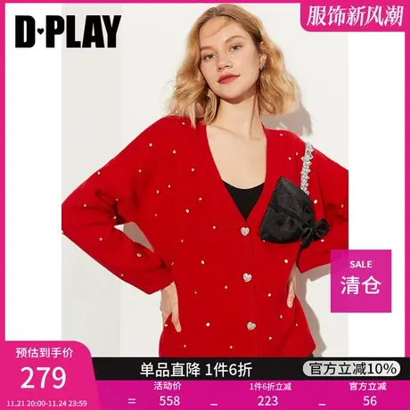 DPLAY【黑标】春新甜美圣诞红撞色立体蝴蝶结装饰毛衣开衫图片