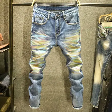 手工炫彩印染牛仔裤男士时尚韩版修身裤子高级潮牌街头痞帅小脚裤图片