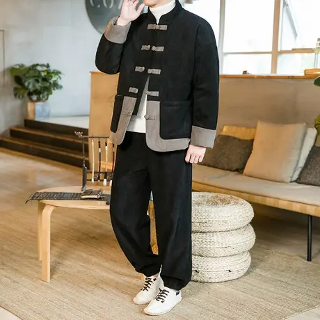 冬季中国风男棉衣套装复古加厚保暖大码中式盘扣棉袄外套两件套潮商品大图