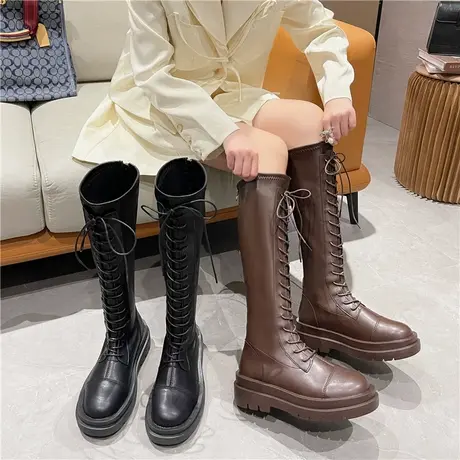 长筒靴女骑士靴秋冬系带厚底女鞋高筒瘦瘦靴棕色小个子不过膝长靴商品大图