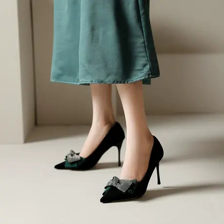 尖头黑色高跟鞋女细跟2024春季新款法式性感仙女风蝴蝶结水钻单鞋商品大图
