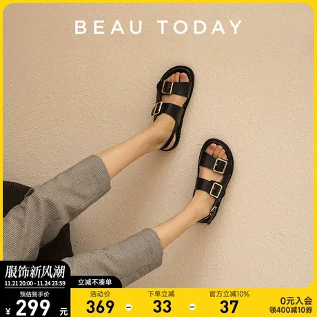 BeauToday厚底罗马凉鞋女平底BT软底真皮小众女鞋凉拖勃肯鞋黑色图片