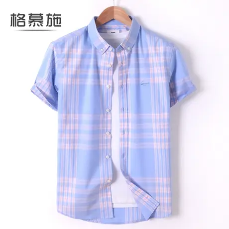 夏季短袖衬衫男青年薄款格子纯棉青春流行休闲透气凉大码半袖衬衣图片