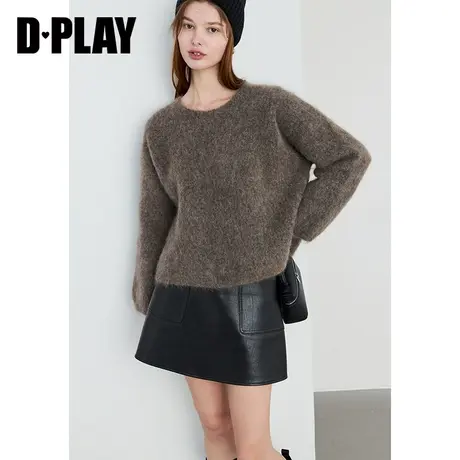 DPLAY冬轻奢琎口含马海毛棕色宽松圆领落肩针织套头毛衣图片