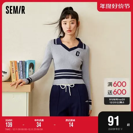 森马毛衣女短款紧身套头衫2023新款秋季小个子撞色毛衫复古休闲风商品大图