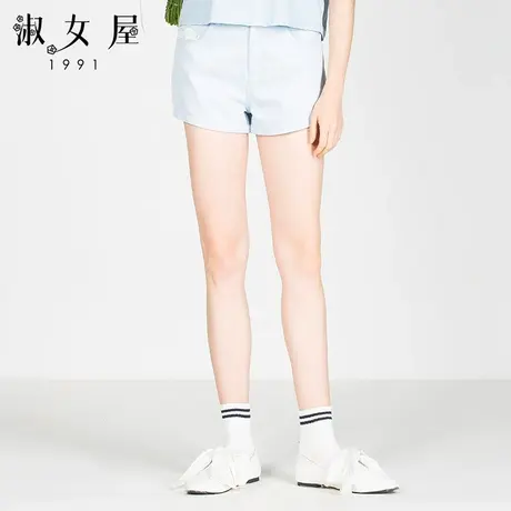 淑女屋纯棉柔软超短款粉蓝色直筒牛仔短裤图片
