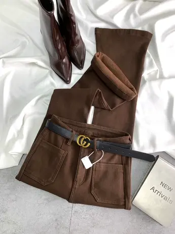 2023新款美拉德棕色加绒牛仔喇叭长裤高腰显瘦百搭弹力包臀马蹄款商品大图