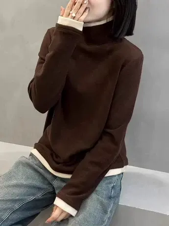 加绒假两件高领打底衫t恤女秋冬季加厚保暖内搭德绒宽松长袖上衣图片