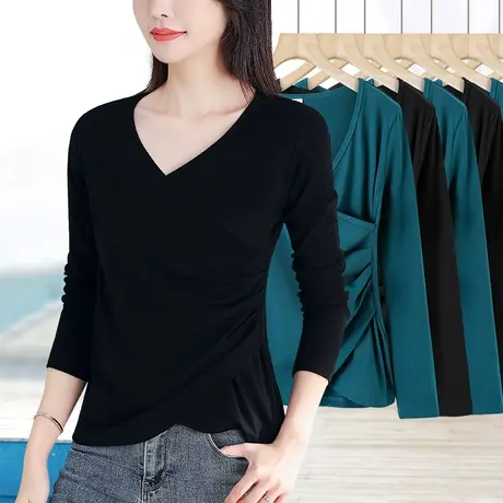 鸡心v桃领腰部褶皱长袖t恤显瘦漏锁骨春季内搭外穿纯色上衣打底衫图片