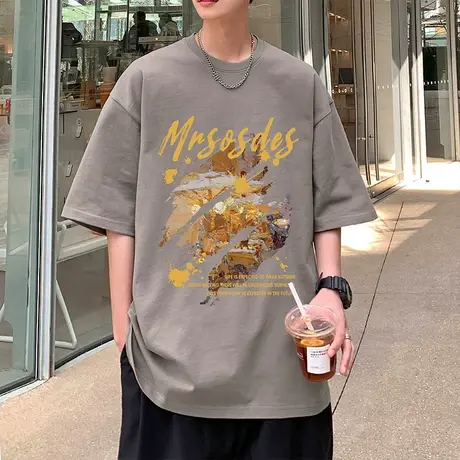 重磅纯棉短袖T恤男夏季潮牌美式复古情侣油画半袖圆领潮流体恤衫商品大图