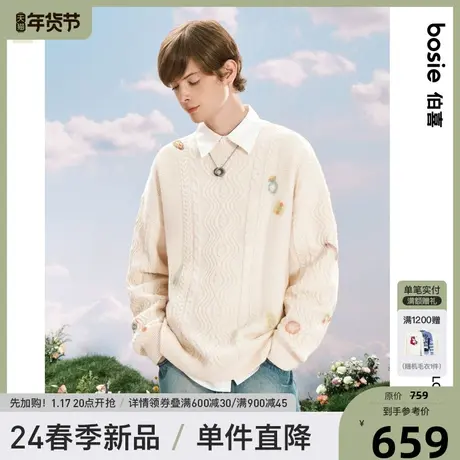 【商场同款】bosie2024年春季新款插画圆领毛衣情侣男宽松毛衫潮商品大图