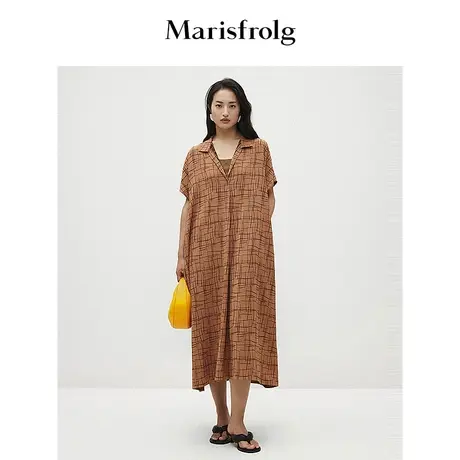 【量感廓形】玛丝菲尔春季咖色格纹新能量A字短袖连衣裙图片