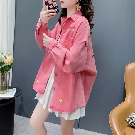 重工刺绣牛仔衬衫外套女春季2024年新款宽松慵懒风百搭设计感上衣商品大图