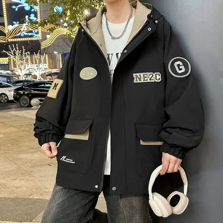 美式重工刺绣夹克男春秋季2024新款复古帅气连帽男士工装外套潮牌图片