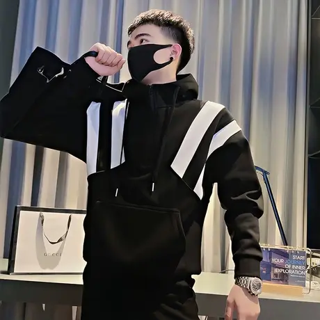 连帽拼色半拉链卫衣外套男春季潮牌ins美式休闲痞帅长袖上衣T恤衫图片