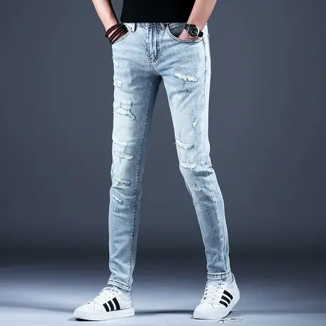 破洞补丁牛仔裤男款小脚修身裤子潮流男士美式高街痞帅高级感长裤商品大图