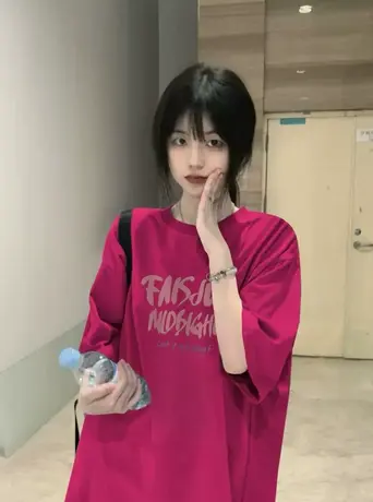 火龙果色纯棉短袖t恤女夏季潮牌小众设计感美式复古宽松半袖上衣商品大图