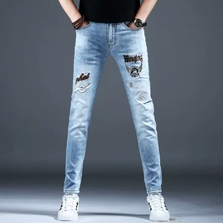 2024新款刺绣牛仔裤子男款浅蓝色修身小脚痞帅高级感美式百搭潮牌商品大图