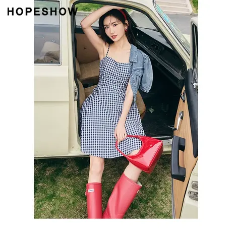红袖outlets格纹吊带裙hopeshow2023夏季新款女装收腰显瘦连衣裙图片