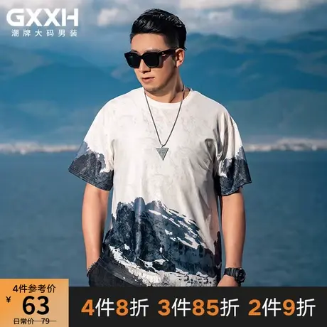 GxxH2022潮牌大码男t恤短袖宽松休闲冰丝印花肥佬胖人半袖男体恤图片