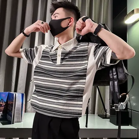 夏季条纹POLO衫男短袖T恤潮牌英伦撞色拼接设计感半袖上衣体恤衫商品大图