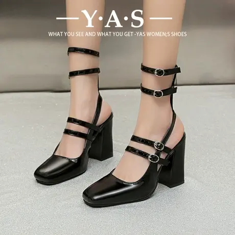 绝美高跟凉鞋粗跟2024年新款夏季方头一字带漆皮包头性感时装女鞋图片