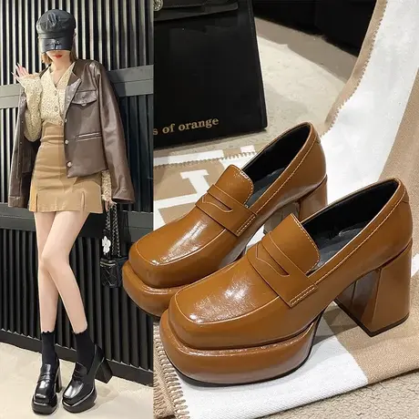 防水台高跟鞋女2024新款女鞋春秋季方头厚底乐福鞋不累脚粗跟单鞋图片