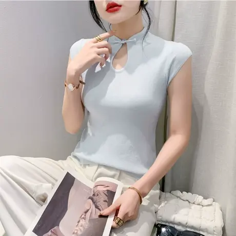 高级感国潮T恤女短袖性感镂空半开领洋气减龄复良盘扣上衣打底衫商品大图