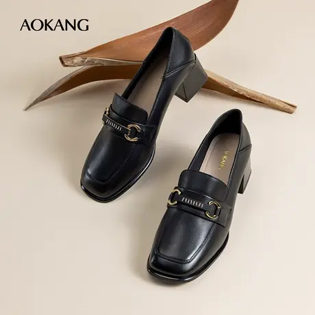 奥康乐福鞋女2024春季新款真皮舒适粗跟妈妈皮鞋职场OL浅口高跟鞋图片