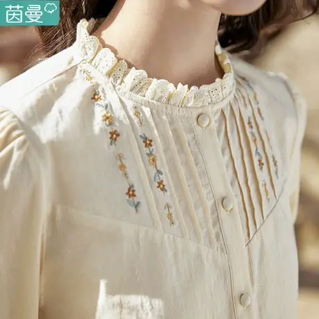茵曼官方旗舰店法式立领衬衣女装2024春季新款修身纯棉上衣衬衫图片
