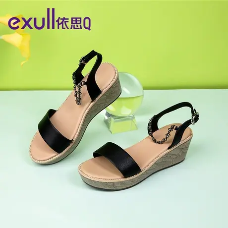 依思q坡跟时装凉鞋女2023夏季新款高跟厚底时尚舒适一字带罗马鞋图片