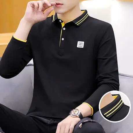 韩版修身长袖t恤男2023春秋新款翻领polo衫潮流百搭休闲体恤秋衣商品大图