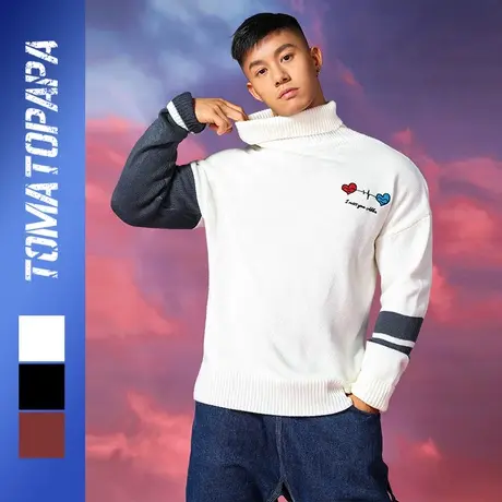 TOMATOPAPA原创欧美心形刺绣高领毛衣个性保暖打底衫潮牌男士上衣商品大图