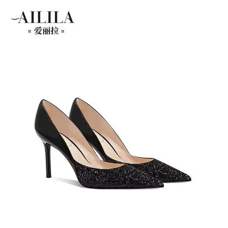 爱丽拉黑色漆皮高跟鞋女2023新款浅口气质细跟单鞋不磨脚日常通勤商品大图