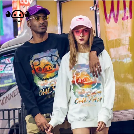 秋季港风国潮牌无性别休闲运动上衣INS学生圆领套头时尚卫衣女生商品大图