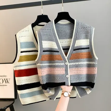 镂空针织背心女外穿早秋新款复古宽松撞色条纹无袖叠穿马甲上衣潮图片
