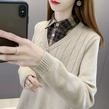 2022年秋装新款假两件女装拼格子衬衫领套头毛衣两件套针织衫女商品大图