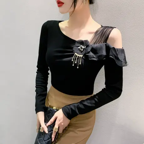 欧货设计感小众T恤女短袖时尚气质荷叶边上衣秋季性感露肩上衣潮商品大图