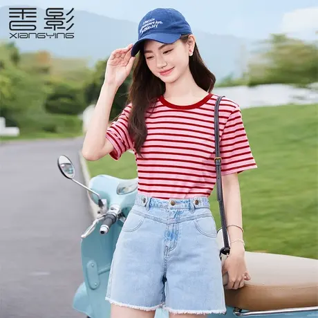 香影条纹t恤女短袖2023年夏装新款休闲落肩体恤宽松半袖圆领上衣商品大图