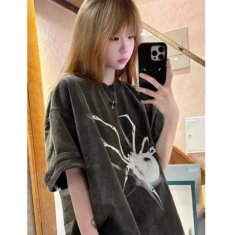 美式复古短袖t恤女夏装2023新款大码宽松设计感小众水洗做旧上衣商品大图