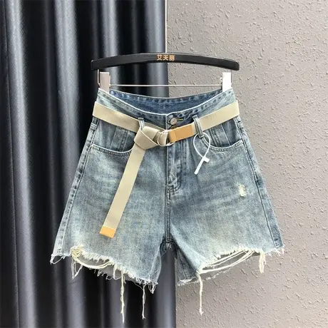 欧货破洞休闲四分a字阔腿裤2023新款显瘦高腰毛边牛仔短裤女夏天图片