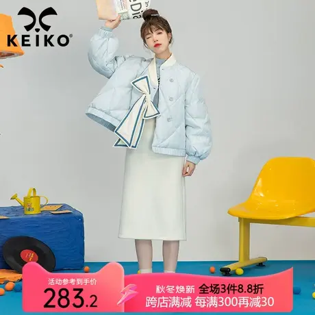 KEIKO 蝴蝶结扎花菱格棉服外套2023冬季学院风减龄加厚短款小棉袄商品大图
